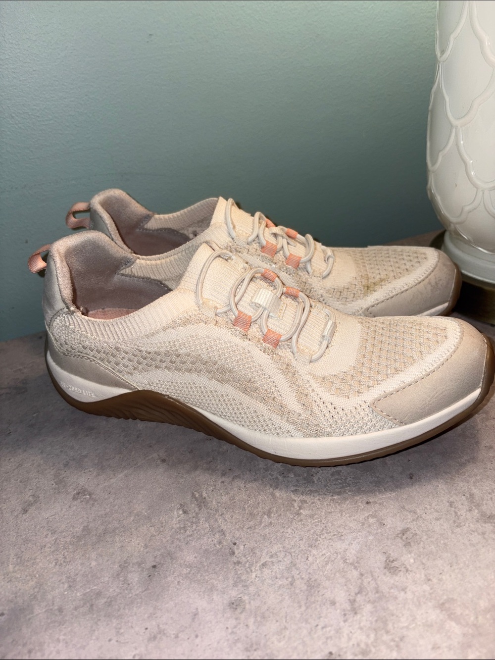 Ryka Women's Knit Slip-On Walking Shoes in Cream with Pink Accents